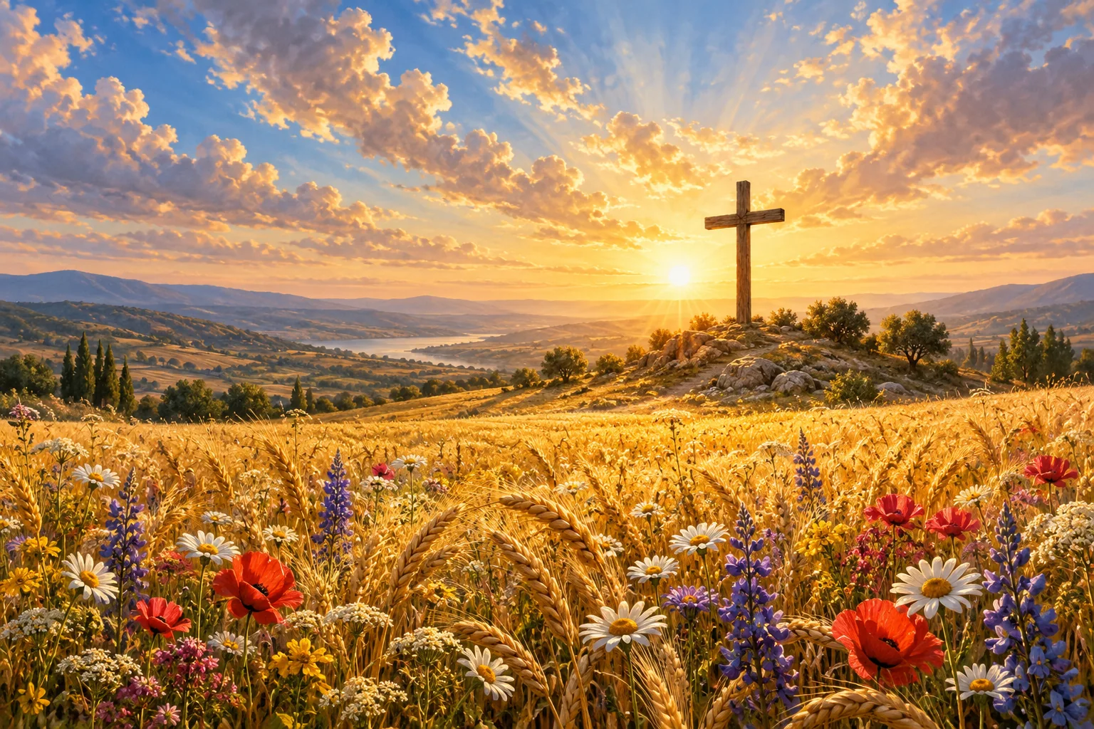 Un campo florido y una cruz bajo la luz dorada simbolizan alabanza y gratitud