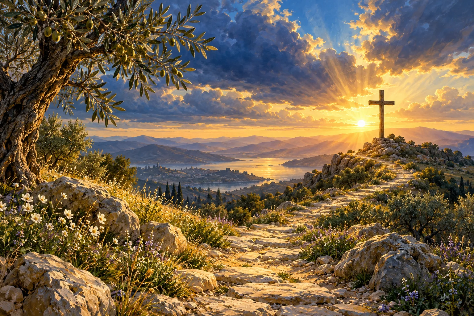 Un camino al amanecer conduce a una cruz entre olivos, símbolo de guía y esperanza