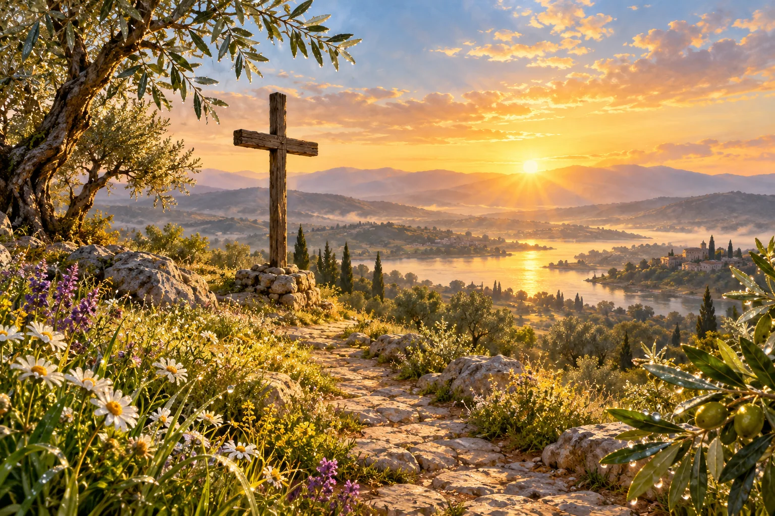 La luz del amanecer ilumina una cruz y flores silvestres junto a un sendero